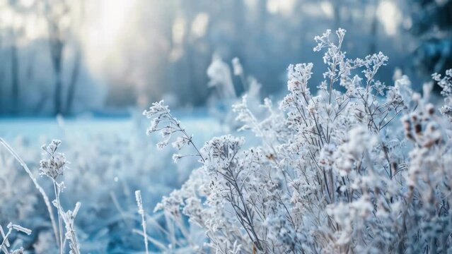 A field of snow covered plants with frost on them. Serene and peaceful mood, as the snow-covered plants create a calm and quiet atmosphere