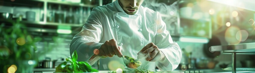 Professional chef meticulously plating gourmet dish in bright, modern kitchen. Fresh ingredients and precision bring culinary creation to life.