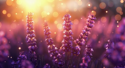 Lavender flowers swaying in the wind during sunset