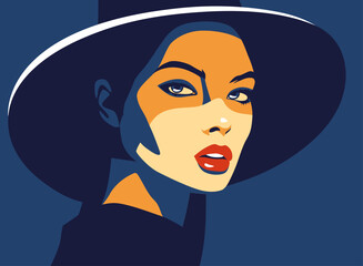 Fashionable girl. Young beautiful fashion woman with sunglasses and summer hat. Abstract female portrait, contemporary design, limited palette vector illustration 