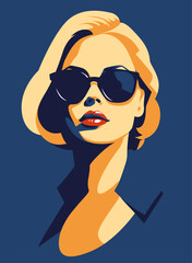 Fashionable charming blond girl. Young beautiful fashion woman with sunglasses Abstract female portrait, contemporary design, vector illustration