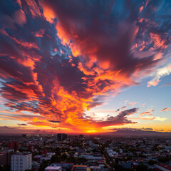 Obraz premium Vibrant Sunset with Orange and Pink Clouds in Mexico City 
