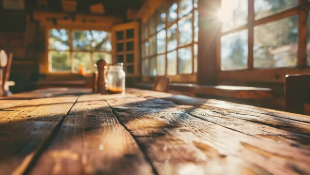 A wooden table with a jar of salt and pepper shakers on it. The table is in a room with a lot of windows, and the sun is shining through them. The room has a rustic, cozy feel to it