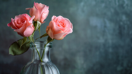 Obraz premium Three Pink Roses in Clear Glass Vase (Under 90 characters)