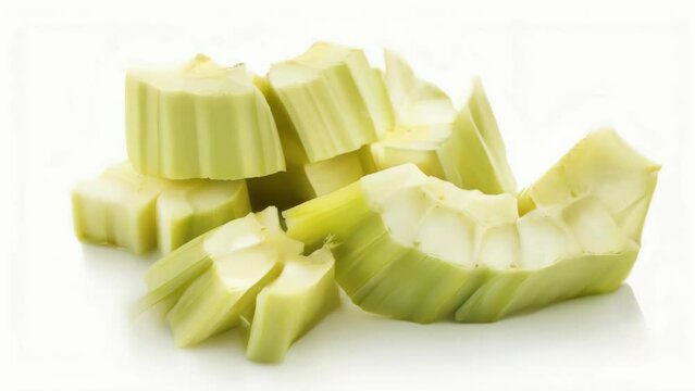 A pile of celery sticks cut into small pieces. The celery is green and has a fresh, crisp appearance
