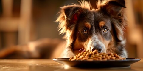 Australian Shepherd dog eating food at home and not finding it suitable for pets. Concept Australian Shepherd, Pet Food, Home Environment, Unsuitable, Discomfort