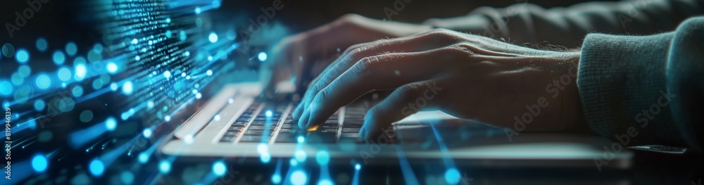Poster A person is using a laptop keyboard with digital light effects in a modern coding workspace for programming and data processing in a hightech environment, showcasing a techsavvy work atmosphere