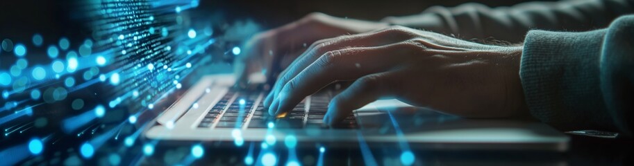 A person is using a laptop keyboard with digital light effects in a modern coding workspace for programming and data processing in a hightech environment, showcasing a techsavvy work atmosphere