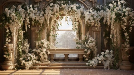 Naklejka premium Cascading Jasmine Vines: A Tranquil Scene of Nature's Beauty Blooming in Abundance, Creating an Enchanting Cascade of Fragrance and Serenity, Perfect for Peaceful Settings