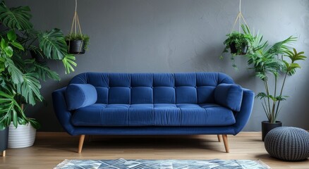 Blue Velvet Sofa in Front of Gray Wall