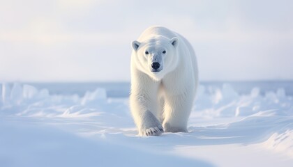 Polar bears walks in extreme winter weather, standing above snow with a view of the frost mountains