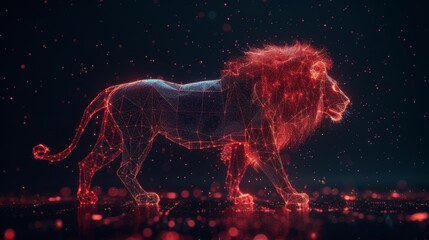 Obraz premium Red Digital Art of Glowing Lion in Night Sky with Sparkling Particles