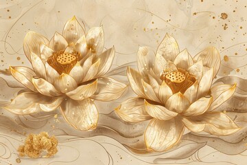 Two gold lotus flowers are drawn on top of a beige background