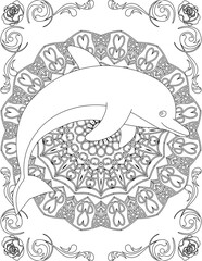 Dolphin on Mandala Coloring Page. Printable Coloring Worksheet for Adults and Kids. Educational Resources for School and Preschool. Mandala Coloring for Adults