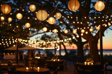 String lights and lanterns creating a festive atmosphere, decorative lamps for outdoor party. AI generated