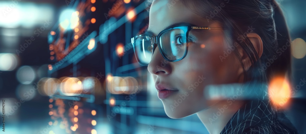 Poster a woman wearing glasses is deeply engrossed in analyzing data displayed on a hightech futuristic scr