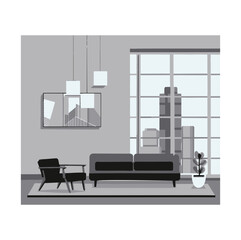 Abstract living room interior simple hand drawn illustration. Lounge with sofa, window, paintings, houseplants, carpet and chair. Living room in an apartment or house, black and white sketch, vector
