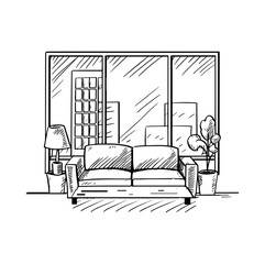 Abstract living room interior simple hand drawn illustration. Lounge with sofa, window, paintings, houseplants, carpet and chair. Living room in an apartment or house, black and white sketch, vector
