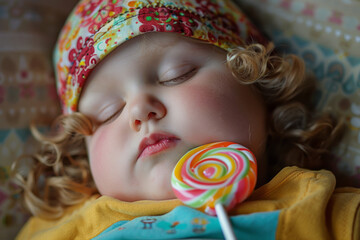 Overweight child with candy on a stick, candy harm concept