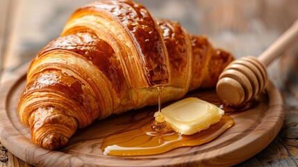 Freshly baked croissant with honey drizzle on wooden board