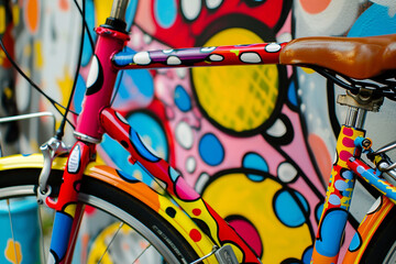 A close-up of a brightly painted bicycle with pop art elements.