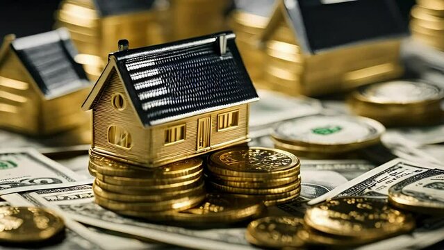 Piles of dollars and gold coin and house model, A plant growing out of a pile of coins. Generative ai, Business Finance Save Money, green sapling growing out of a pile of golden coins.	
