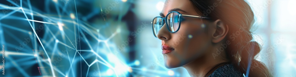 Poster In a hightech environment, a woman with glasses concentrates on analyzing data using a futuristic digital interface, reflecting light. She embodies innovation and advanced technology