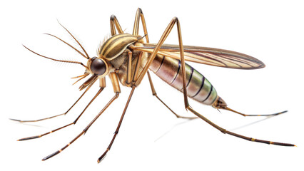 Mosquito: A detailed image of a mosquito, highlighting its slender body, long legs, and distinctive proboscis, often used to represent pests or vectors of disease, isolated on white background