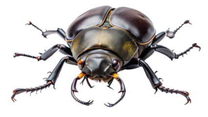 Stag Beetle: A striking image of a stag beetle, featuring its large mandibles, dark glossy exoskeleton, and robust body structure, isolated on white background