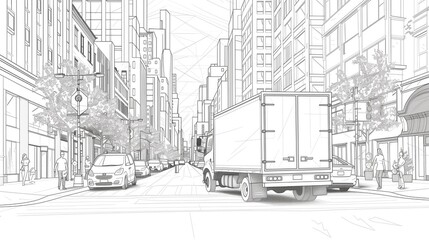 A bustling city street is depicted, with tall buildings lining either side. generated AI
