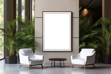 A Mockup of a blank white vertical picture frame on the wall in the modern hotel lobby.	