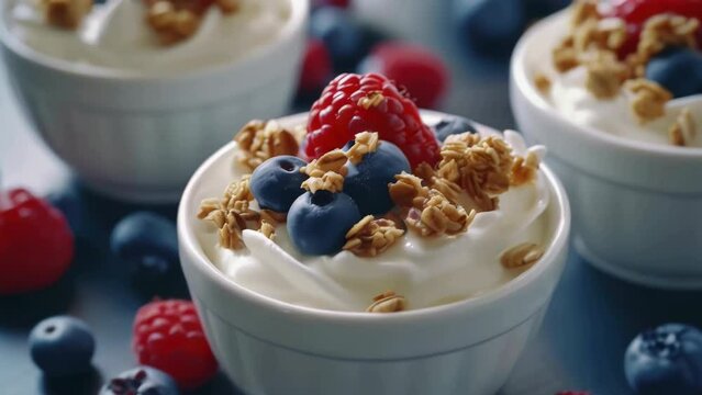 A white bowl of yogurt with blueberries and granola. The bowl is placed on a table with a blue background