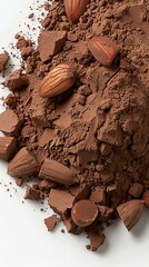 Crushed cocoa powder and almonds on white background