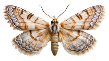Moth: An image of a moth, displaying its fuzzy body, feathery antennae, and muted wing colors and patterns, which often differ from butterflies, isolated on white background