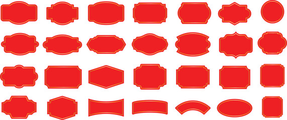 Set of red labels with gold frame vector illustration isolated on transparent. Price tag, sale sticker, quality mark, sale or discount sticker, promotional badge set, shopping labels