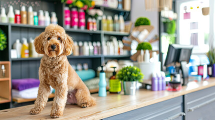 Adorable poodle dog standing at a grooming salon counter