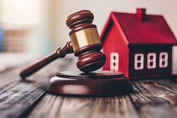 Obraz premium Wooden gavel and red house model on shiny surface