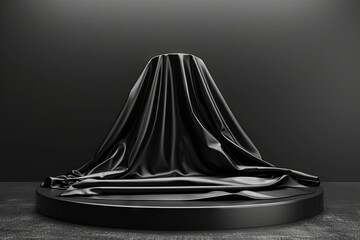 Mysterious object under black cloth on pedestal in dark room
