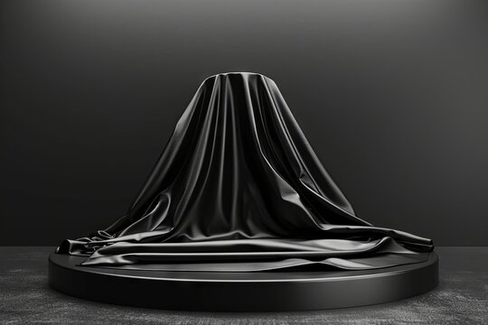 Mysterious object under black cloth on pedestal in dark room