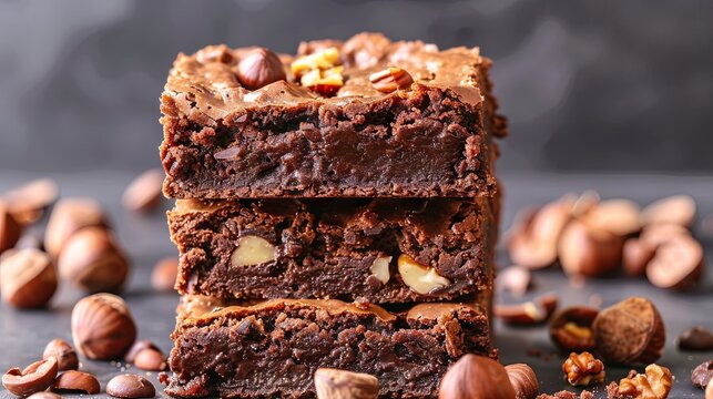 Decadent chocolate fudge brownies with hazelnuts close-up