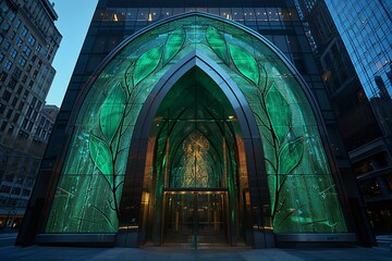Digital image of psychedelic art style , the entrance of a building with a green leaf design