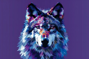 Featuring a grey wolf head design on purple background, high quality, high resolution