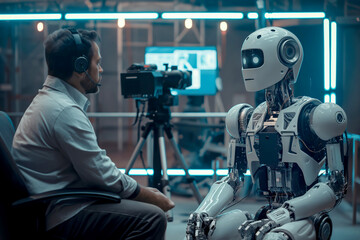 Human and robot interaction. A man in a headset conversing with a humanoid robot in a high-tech environment. Concepts of AI, robotics, innovation, and technology. For tech articles, futuristic themes