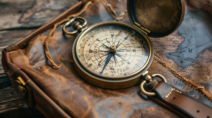 A vintage compass placed on an old map, evoking a sense of adventure and exploration. The compass...