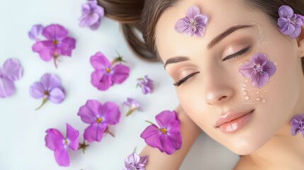 pretty girl lying down on a bed of small purple flowers, light background