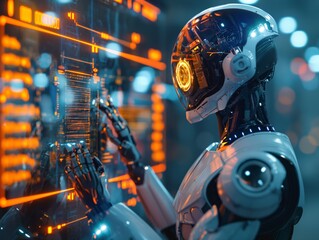  Futuristic Robot Interacting with Digital Interface

