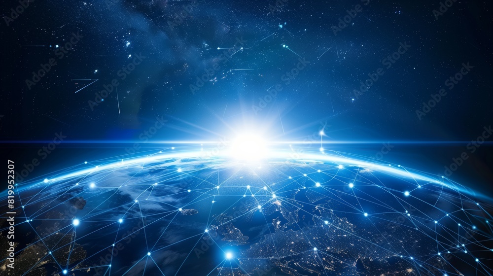 Poster global network connection seen from space, lit by sunlight, symbolizing interconnected digital world