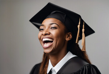 portrait of a young black woman in cap and gown laughing, isolated white background
