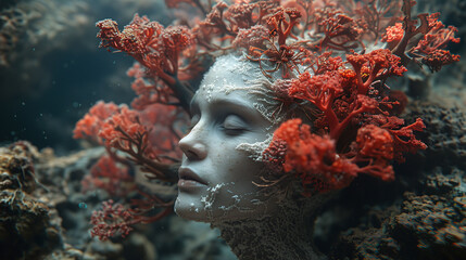 Obraz premium A surreal underwater scene featuring a woman's face partially covered in coral and marine life, blending seamlessly with the ocean environment.
