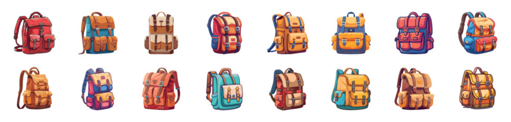 Cartoon backpack icon set. Backpack icon collection - stock vector.